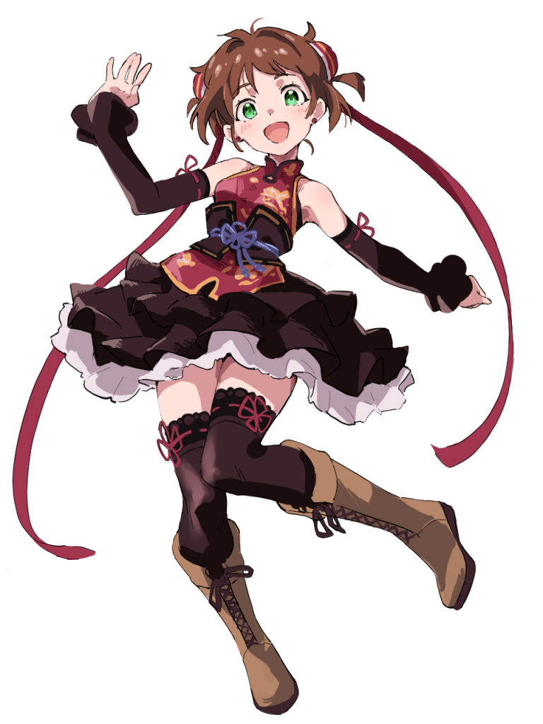 1girl, :d, arm_warmers, black_skirt, breasts, brown_footwear, brown_hair, bun_cover