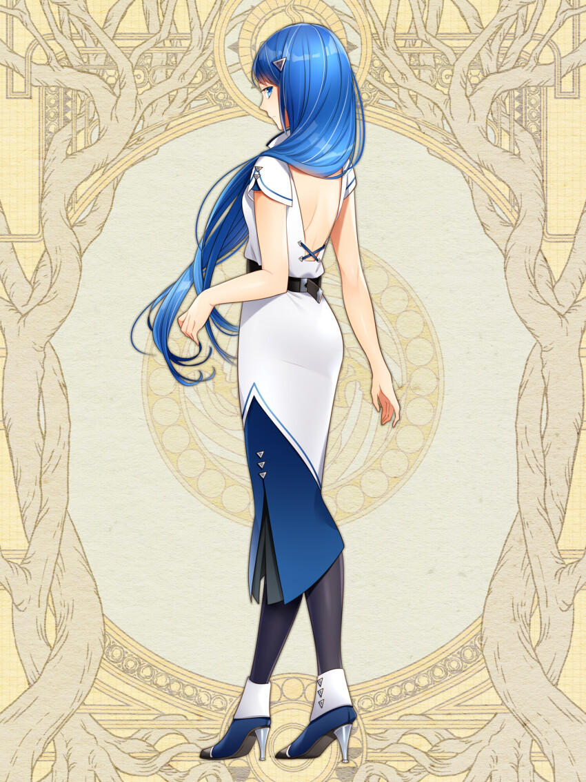 1girl, belt, black_pantyhose, blue_eyes, blue_hair, dairoku_ryouhei, dress, full_body