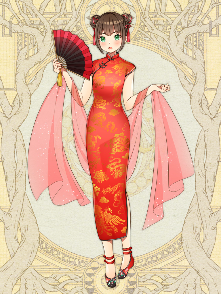 1girl, blush, breasts, brown_hair, china_dress, chinese_clothes, dairoku_ryouhei, double_bun