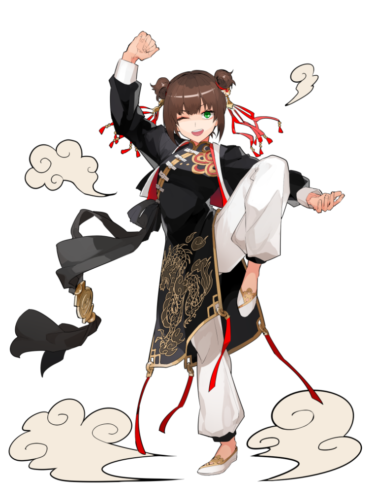 1girl, ;d, arm_up, breasts, brown_hair, china_dress, chinese_clothes, cloud, dairoku_ryouhei, double_bun, dress, full_body, hair_bun, hair_ribbon, leg_up, long_sleeves, one_eye_closed, open_mouth, red_ribbon, ribbon, shermie_luo, shikisehiro, small_breasts, smile, solo, transparent_background, white_footwear