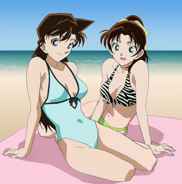 2girls, beach, bikini, blue_eyes, brown_hair, front-tie_top, long_hair, meitantei_conan, mochizuki_(wakadori), mouri_ran, multiple_girls, one-piece_swimsuit, ponytail, short_hair, swimsuit, tooyama_kazuha