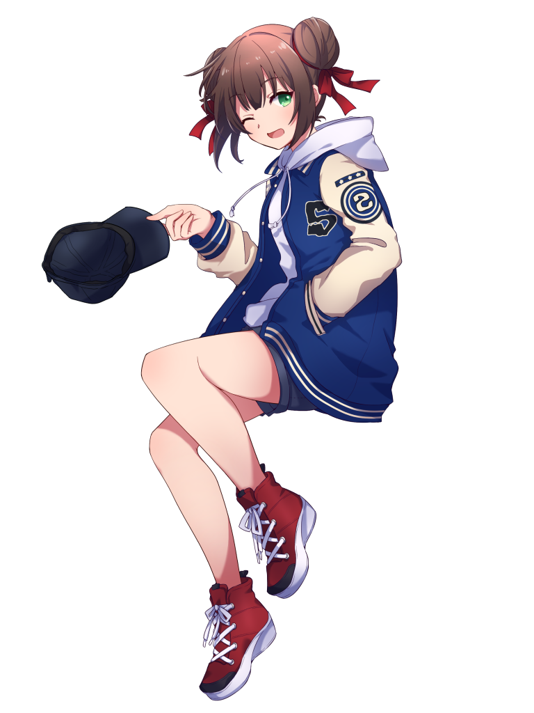 1girl, black_hat, brown_hair, dairoku_ryouhei, double_bun, full_body, green_eyes, hair_bun, hair_ribbon, hand_in_pocket, hat, holding, holding_unworn_clothes, holding_unworn_hat, hood, hood_down, hoodie, one_eye_closed, red_ribbon, red_shoes, ribbon, shermie_luo, shoes, short_hair, shorts, sneakers, solo, sowa_(tw6), transparent_background, unworn_hat, unworn_headwear