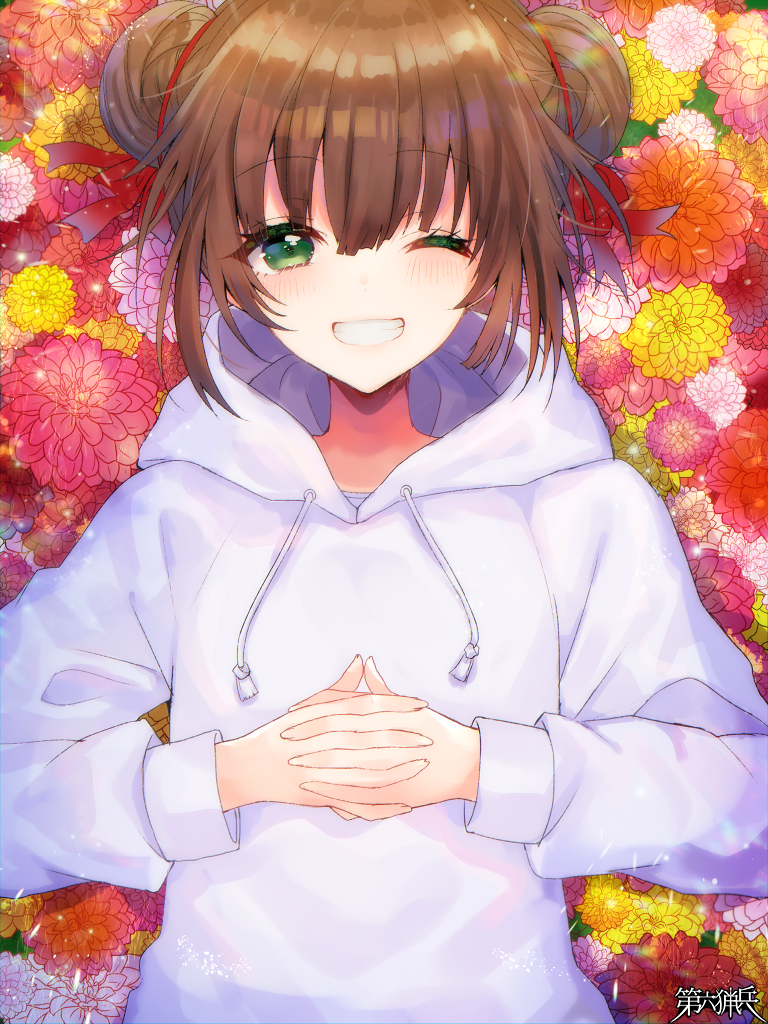 1girl, aoi_sana, brown_hair, copyright_name, dairoku_ryouhei, double_bun, floral_background, green_eyes