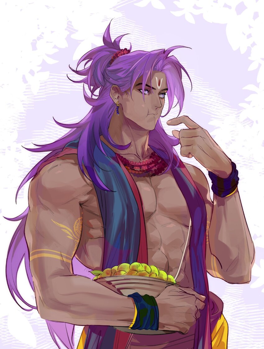 1boy, abs, alternate_costume, asian_indian_clothes, bare_pectorals, basket, bead_necklace, beads