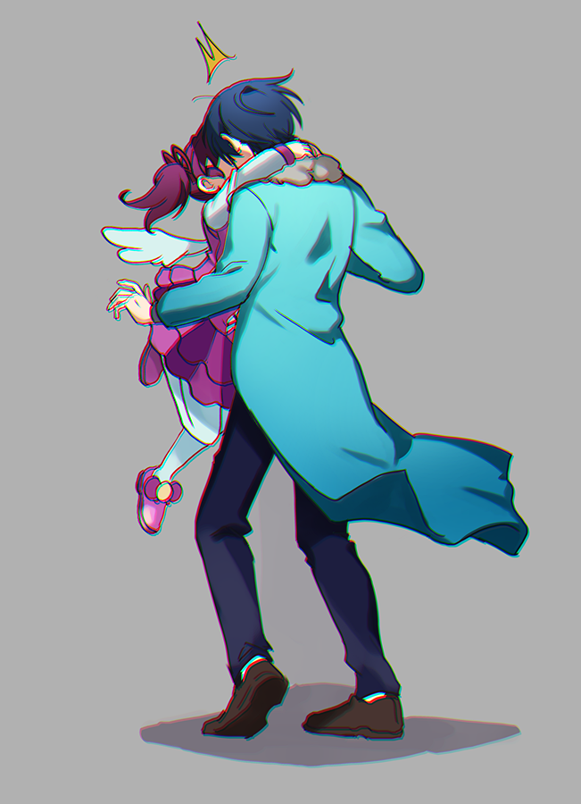 1boy, 1girl, ^^^, blue_coat, blue_hair, blue_pants, bow, brown_shoes