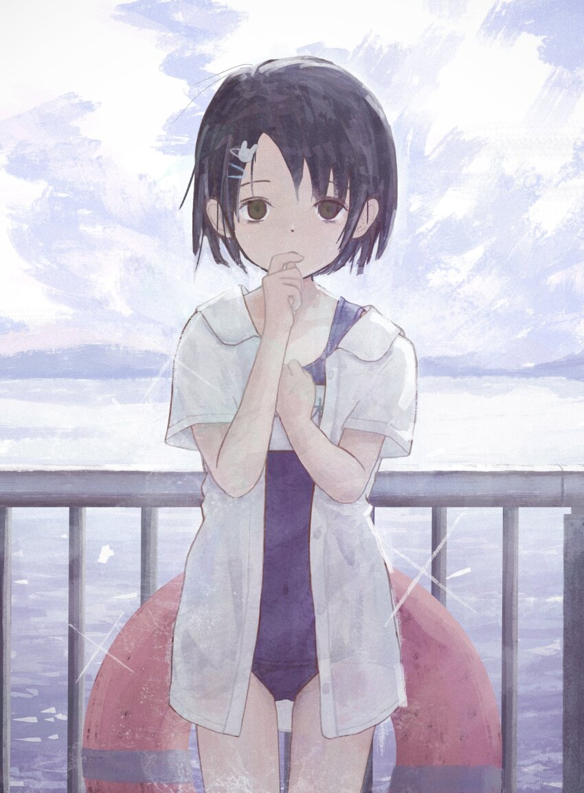 1girl, absurdres, bags_under_eyes, black_hair, blue_one-piece_swimsuit, cowboy_shot, empty_eyes, highres