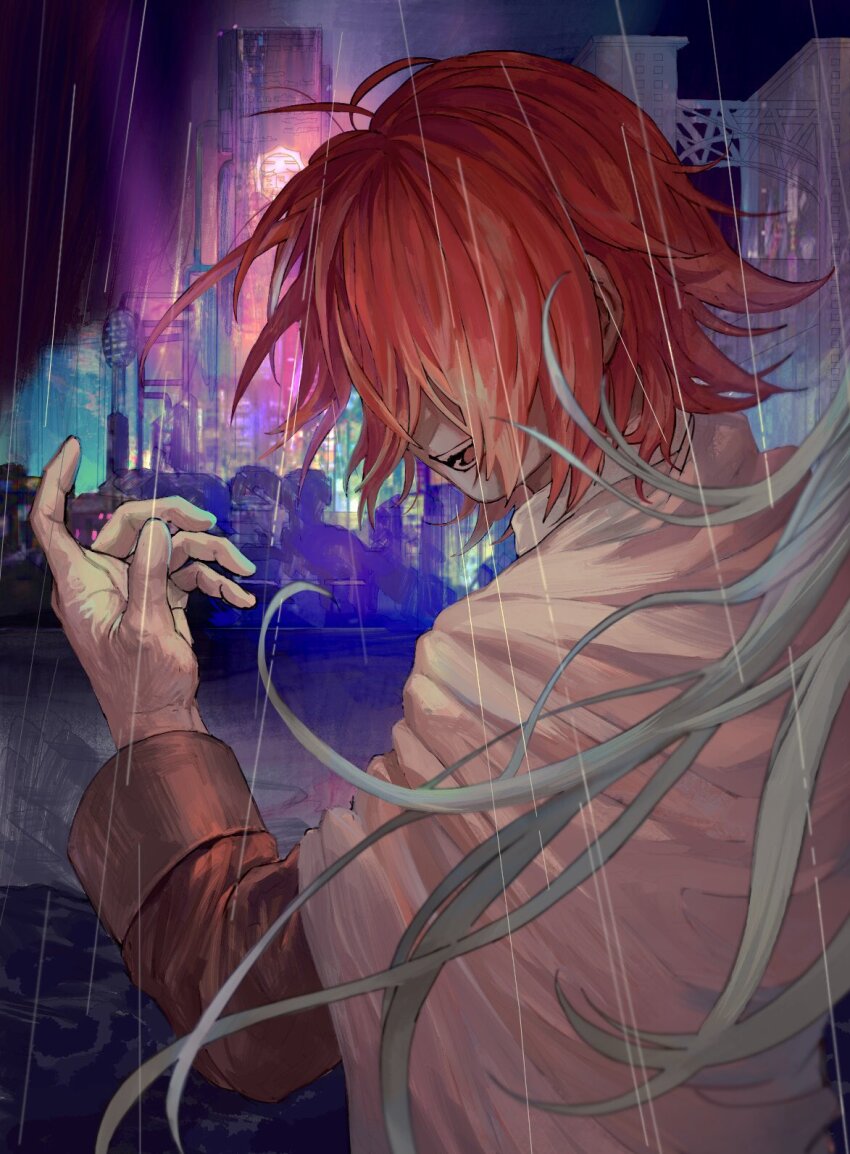 1boy, brown_jacket, cape, commentary_request, from_behind, gloves, grey_hair, hair_over_eyes