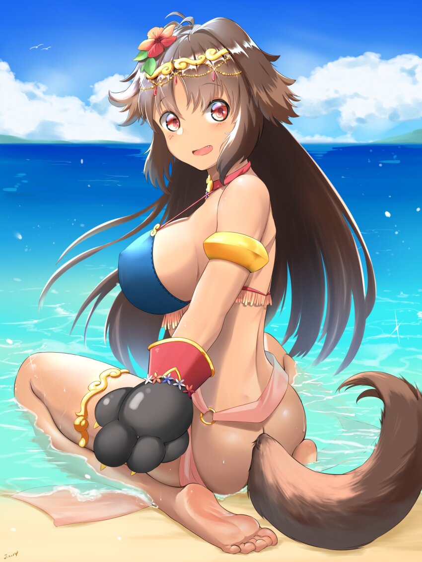 1girl, absurdres, animal_ears, barefoot, beach, breasts, brown_hair, dog_ears