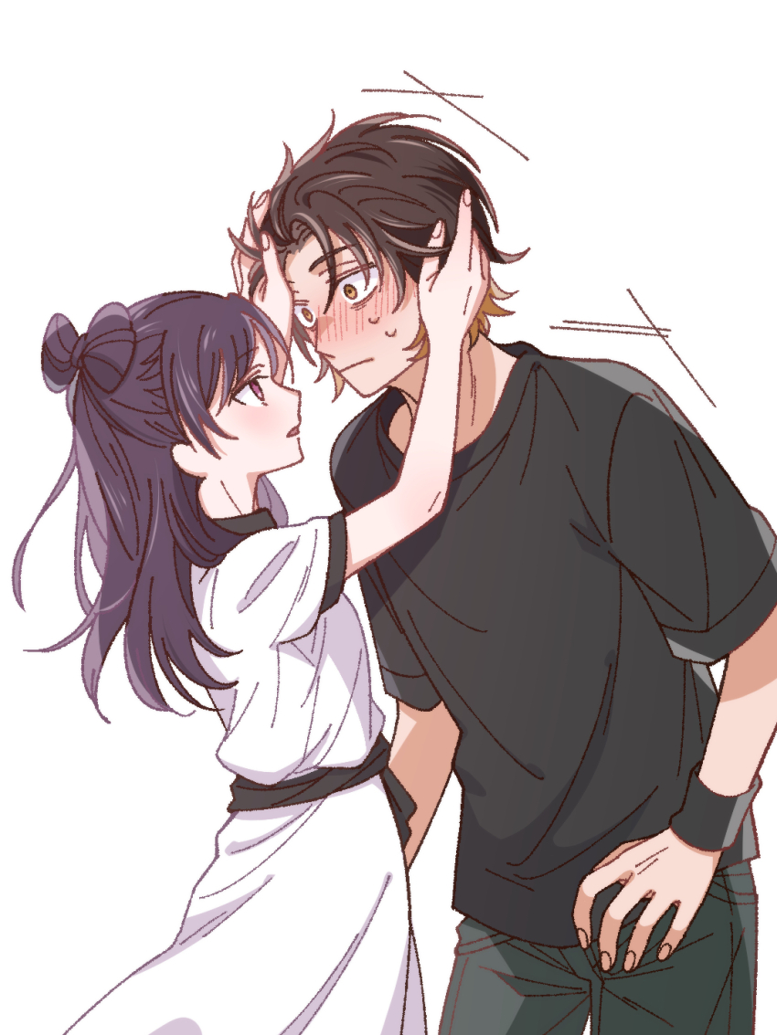 1boy, 1girl, black_hair, black_pants, black_shirt, blush, brown_hair, dress