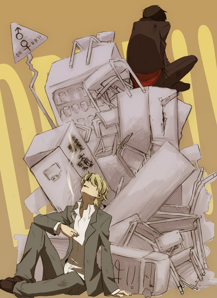 2boys, cigarette, durarara!!, formal_clothes, from_behind, heiwajima_shizuo, hirasaka_(artist), hirasaka_ine