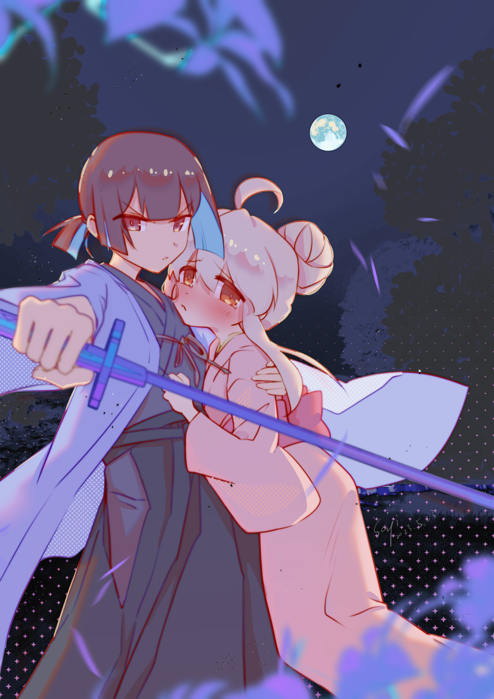 2girls, ahoge, black_hakama, blue_hair, blunt_bangs, blush, brown_eyes, brown_hair, clothing_cutout, colored_inner_hair, commentary, foreshortening, full_moon, hair_bun, hair_up, hakama, highres, hip_vent, holding, holding_sword, holding_weapon, hozuki_momiji, hug, japanese_clothes, katana, kimono, long_hair, long_sleeves, looking_at_viewer, moon, multicolored_hair, multiple_girls, night, onii-chan_wa_oshimai!, outdoors, oyama_mahiro, pink_hair, pink_kimono, ponytail, protecting, sagi, samurai, serious, short_hair, short_ponytail, sidelocks, sword, two-tone_hair, v-shaped_eyebrows, weapon, yukata, yuri