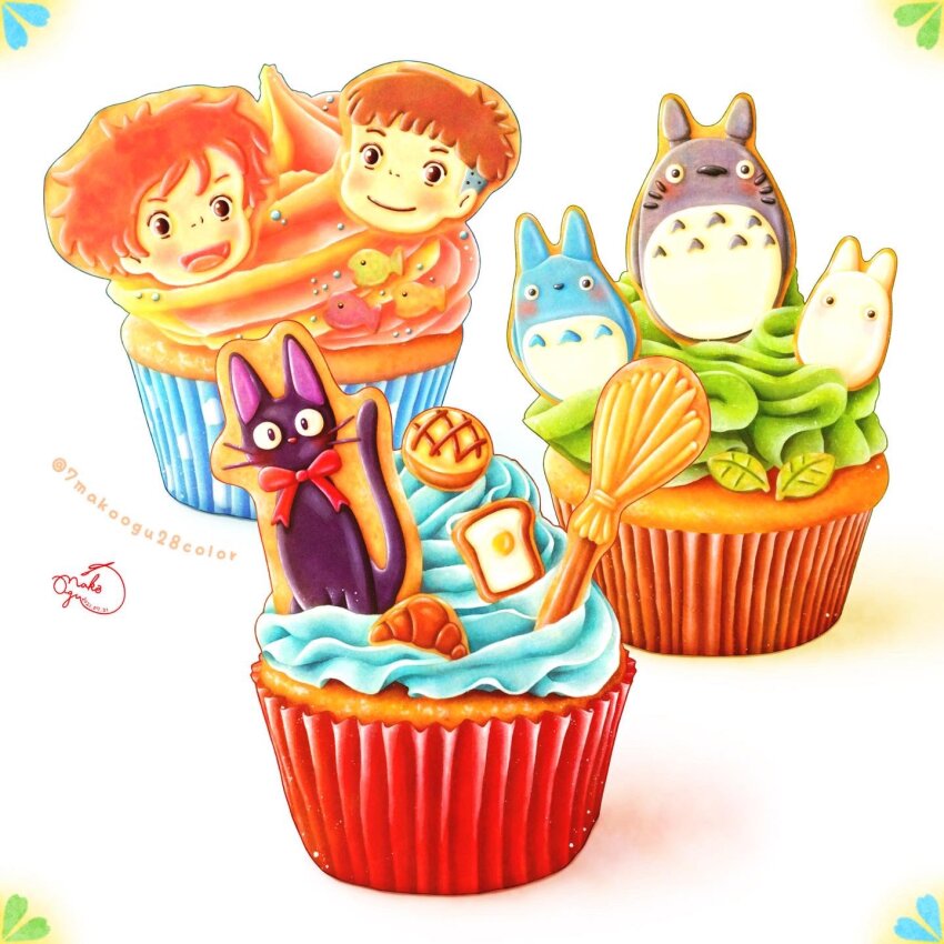 7makoogu28color, artist_name, cat, color_ink_(medium), croissant, cupcake, dessert, fish
