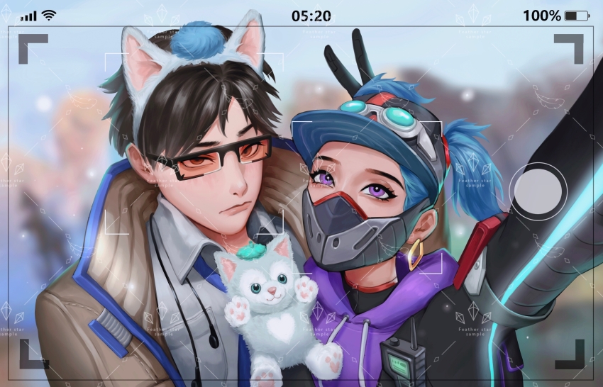 1boy, 1girl, absurdres, animal_ears, apex_legends, battery_indicator, black_gloves, black_jacket