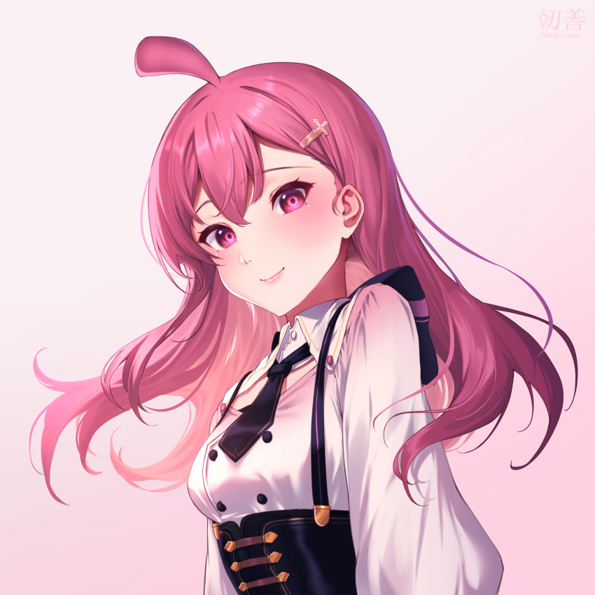 1girl, ahoge, black_necktie, blush, breasts, gradient_background, hair_ornament, hairclip