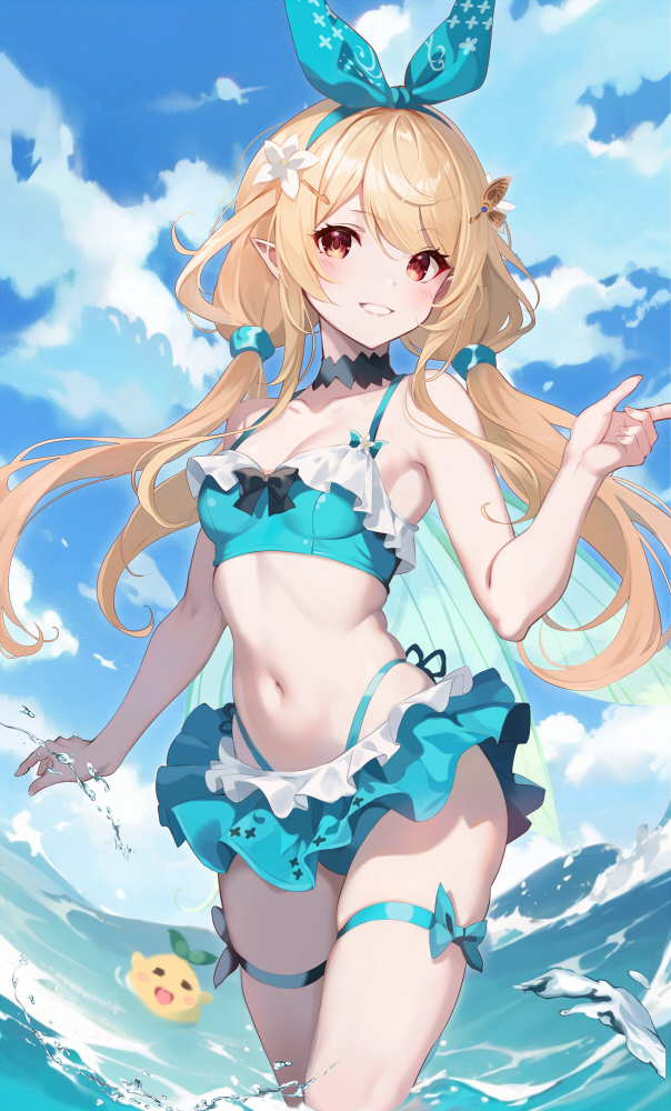 1girl, alternate_costume, alternate_hairstyle, blonde_hair, choker, fairy_wings, frills, hair_ornament