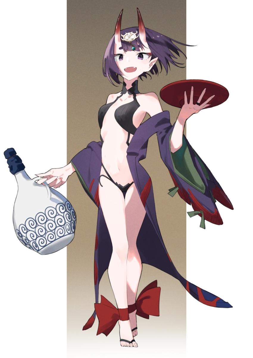 1girl, ankle_ribbon, aoi_(altea0923), bare_shoulders, bob_cut, bottle, breasts, collarbone