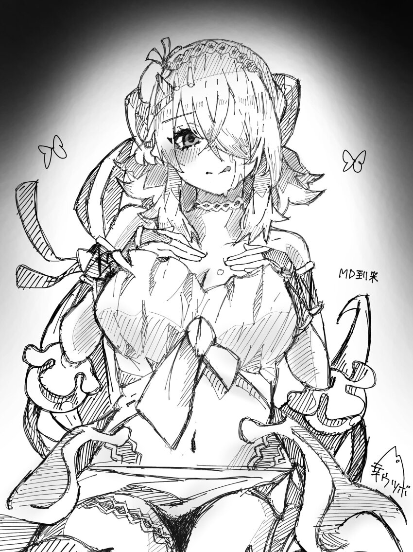 1girl, breasts, bug, butterfly, choker, duel_monster, greyscale, hair_over_one_eye, hairband, hands_on_own_chest, highres, insect, kou_utsubo, large_breasts, licking, long_hair, midriff, monochrome, navel, signature, solo, traptrix_pinguicula, wrist_cuffs, yu-gi-oh!