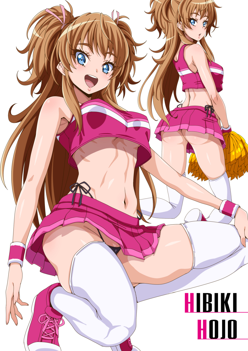 1girl, absurdres, ass, black_panties, blue_eyes, brown_hair, character_name, cheerleader, crop_top, eunos, highleg, highleg_panties, highres, holding, holding_pom_poms, houjou_hibiki, long_hair, looking_at_viewer, looking_back, microskirt, midriff, miniskirt, multiple_views, navel, open_mouth, panties, pink_shirt, pink_shoes, pink_skirt, pink_sweatband, pleated_skirt, pom_pom_(cheerleading), pom_poms, precure, shirt, shoes, side-tie_panties, skirt, smile, sneakers, suite_precure, sweatband, thighhighs, two_side_up, underwear, white_thighhighs