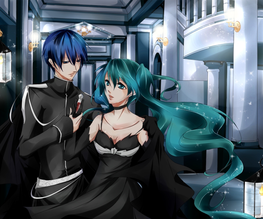 1boy, 1girl, bad_id, bad_pixiv_id, blue_hair, cantarella_(vocaloid), hatsune_miku, highres, kaito_(vocaloid), long_hair, sakurai_(hai_haru), twintails, very_long_hair, vocaloid