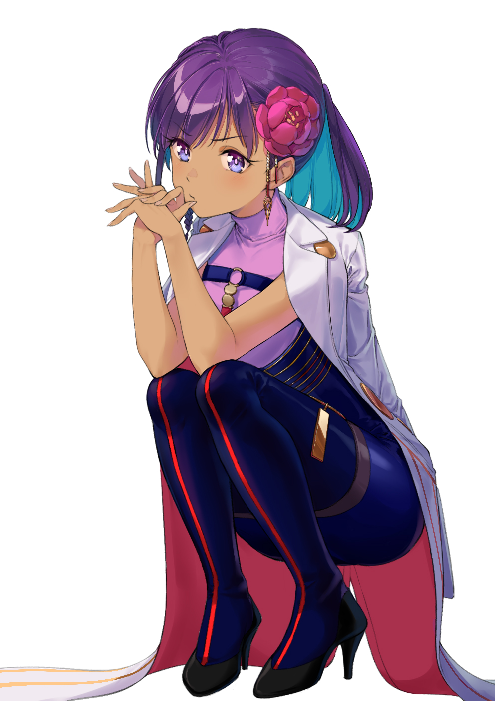 1girl, ayus_(fate), blue_hair, blue_pants, blush, breasts, coat, coat_on_shoulders, coffeekite, colored_inner_hair, fate/grand_order, fate_(series), fingernails, high-waist_pants, high_heels, highres, looking_at_viewer, medium_breasts, multicolored_hair, pants, purple_eyes, purple_hair, short_hair, solo, squatting, tight_clothes, tight_pants, white_background, white_coat