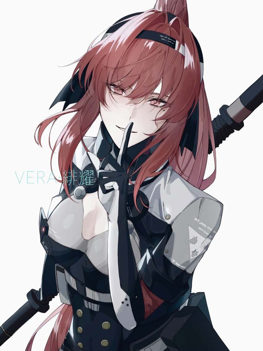 1girl, absurdres, black_bodysuit, black_hairband, black_ribbon, bodysuit, breasts, character_name