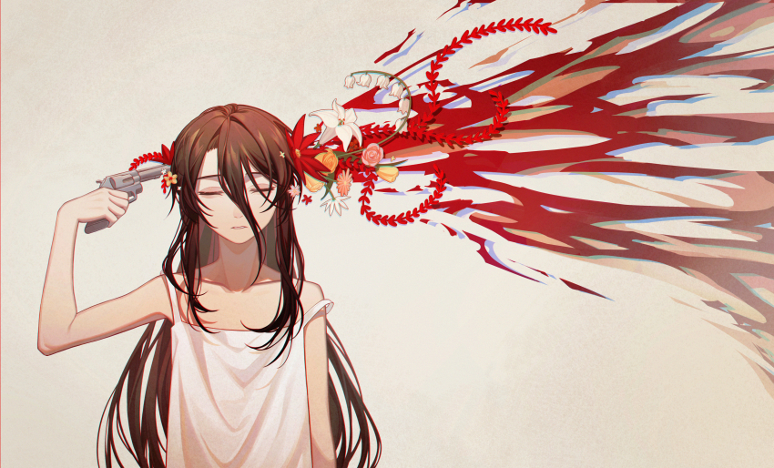 1girl, absurdres, alternate_body_fluid, black_hair, blood, closed_eyes, commentary, dress