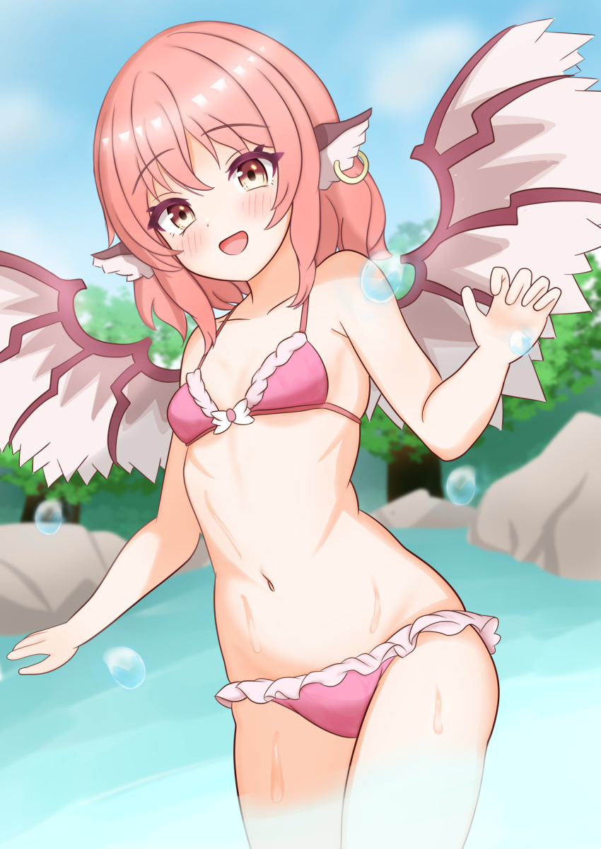 1girl, :d, animal_ears, bikini, bird_ears, bird_wings, blue_sky, blush