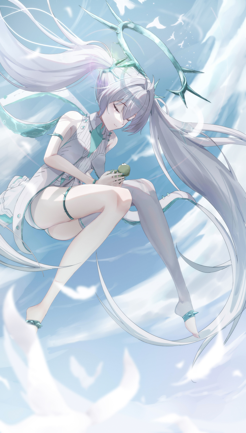 1girl, absurdres, armlet, bare_legs, bare_shoulders, dress, green_halo, hair_between_eyes
