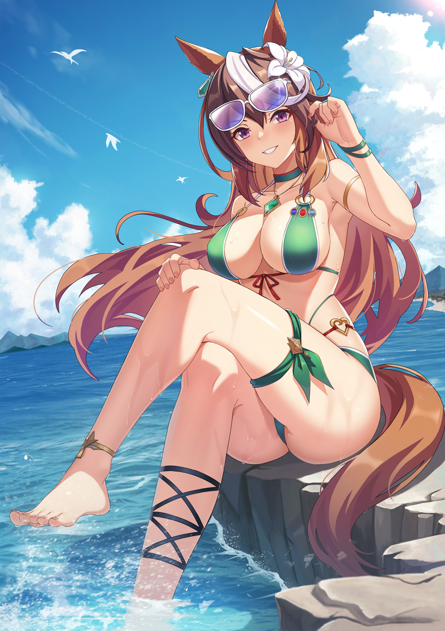 1girl, alternate_costume, animal_ears, anklet, armlet, barefoot, bikini, blue_sky