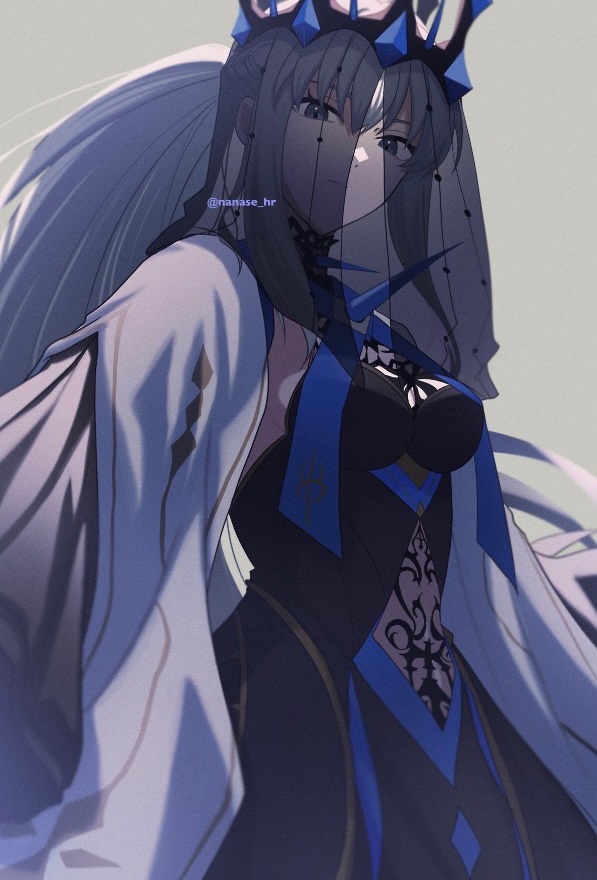 1girl, black_dress, breasts, closed_mouth, commentary, crown, dress, fate/grand_order