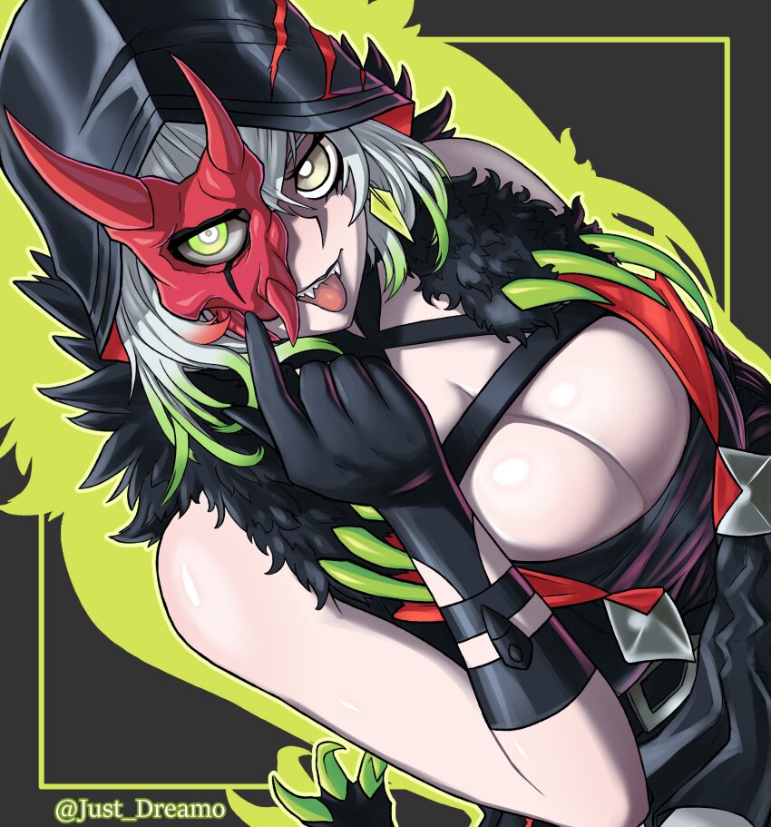 1girl, absurdres, breasts, cleavage, detached_sleeves, diabellstar_the_black_witch, dress, duel_monster, fangs, fangs_out, gloves, green_eyes, green_hair, half_mask, highres, hood, hood_up, just_dreamo, large_breasts, mask, multicolored_hair, pale_skin, red_mask, smile, solo, tongue, tongue_out, yu-gi-oh!