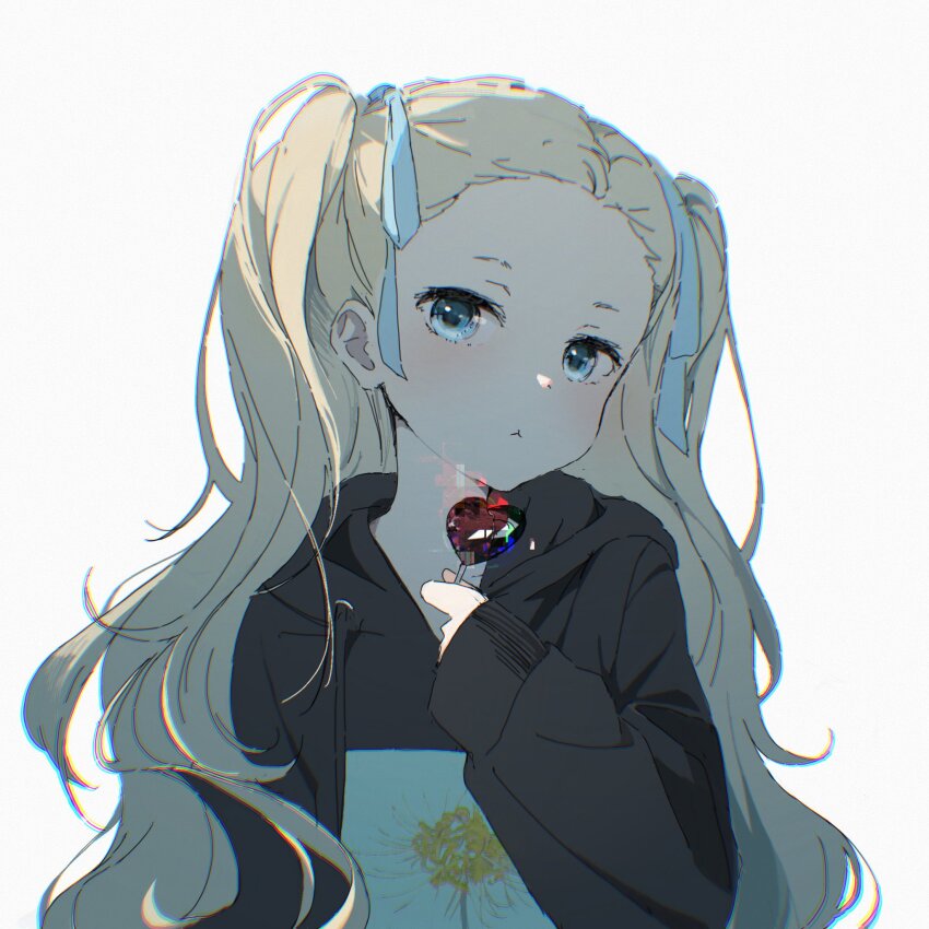 1girl, :<, alternate_hairstyle, black_hoodie, blonde_hair, blue_eyes, blue_ribbon, blush