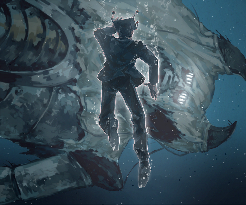 1boy, black_headwear, black_jacket, black_pants, black_shoes, blue_background, from_behind, full_body