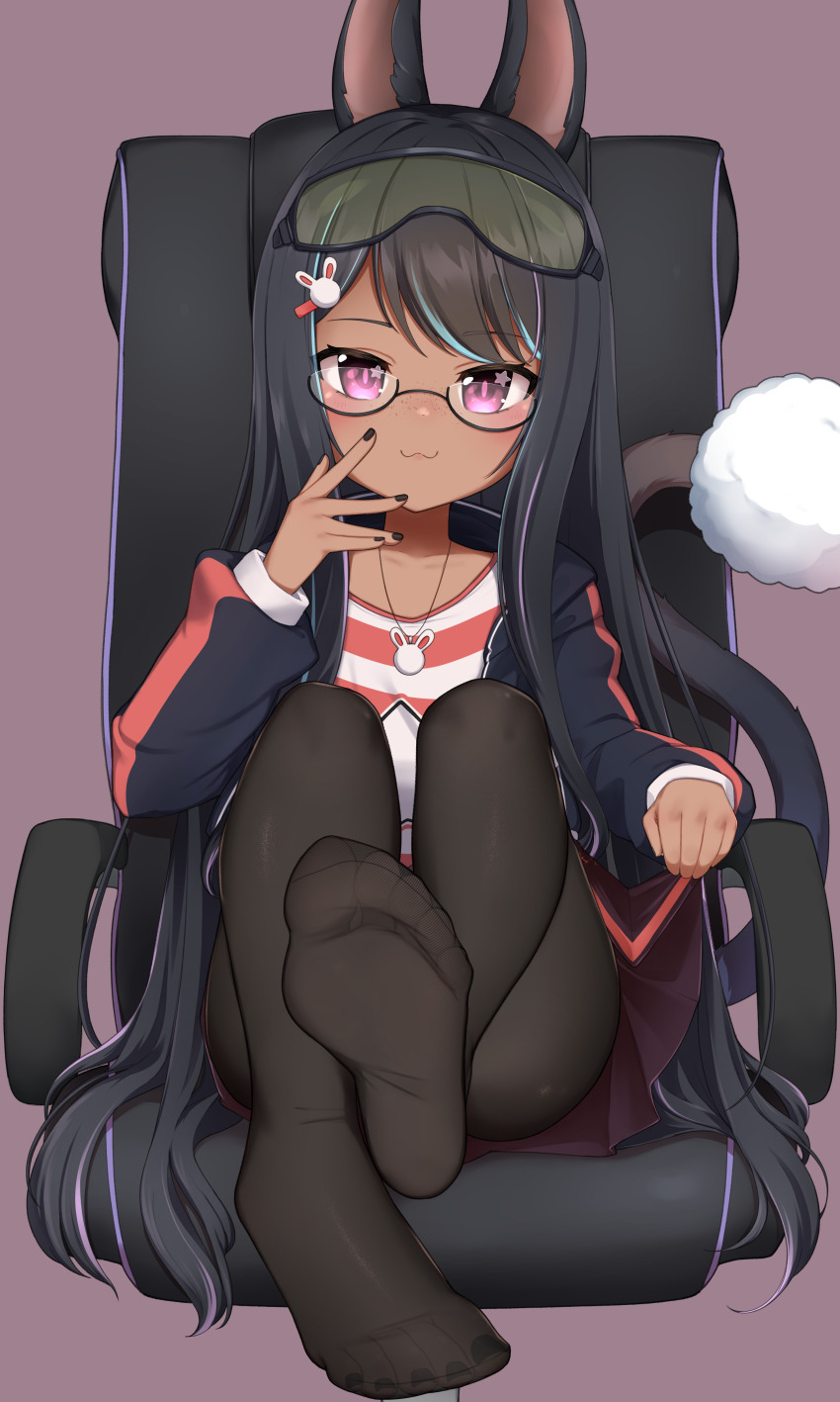 1boy, :3, absurdres, animal_ears, black_hair, black_jacket, black_nails, black_pantyhose