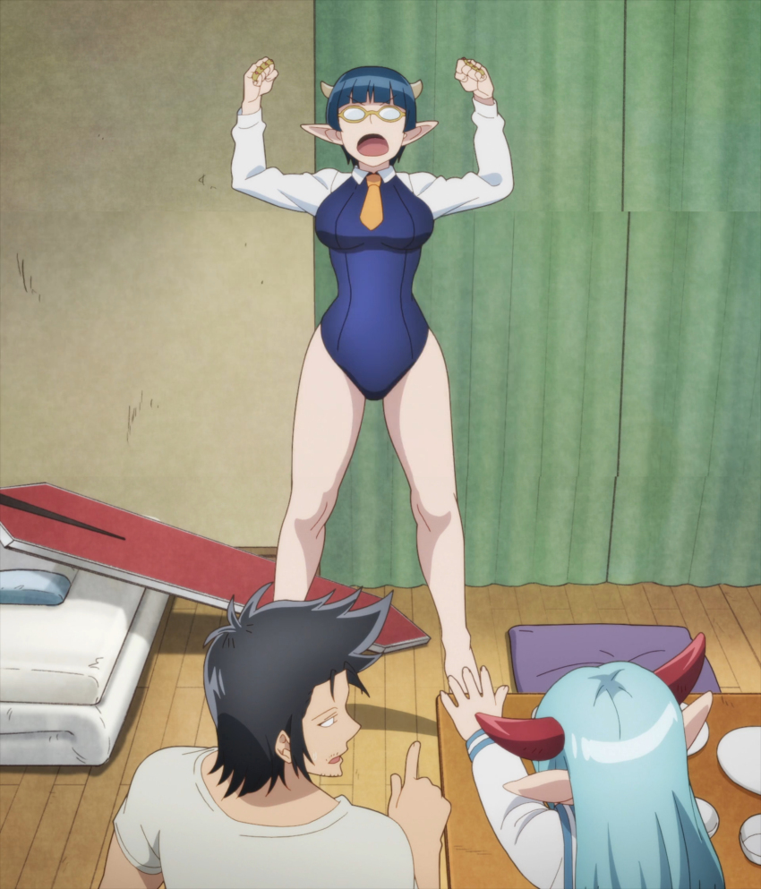 1boy, 2girls, absurdres, anime_screenshot, annoyed, blue_hair, breasts, demon_girl