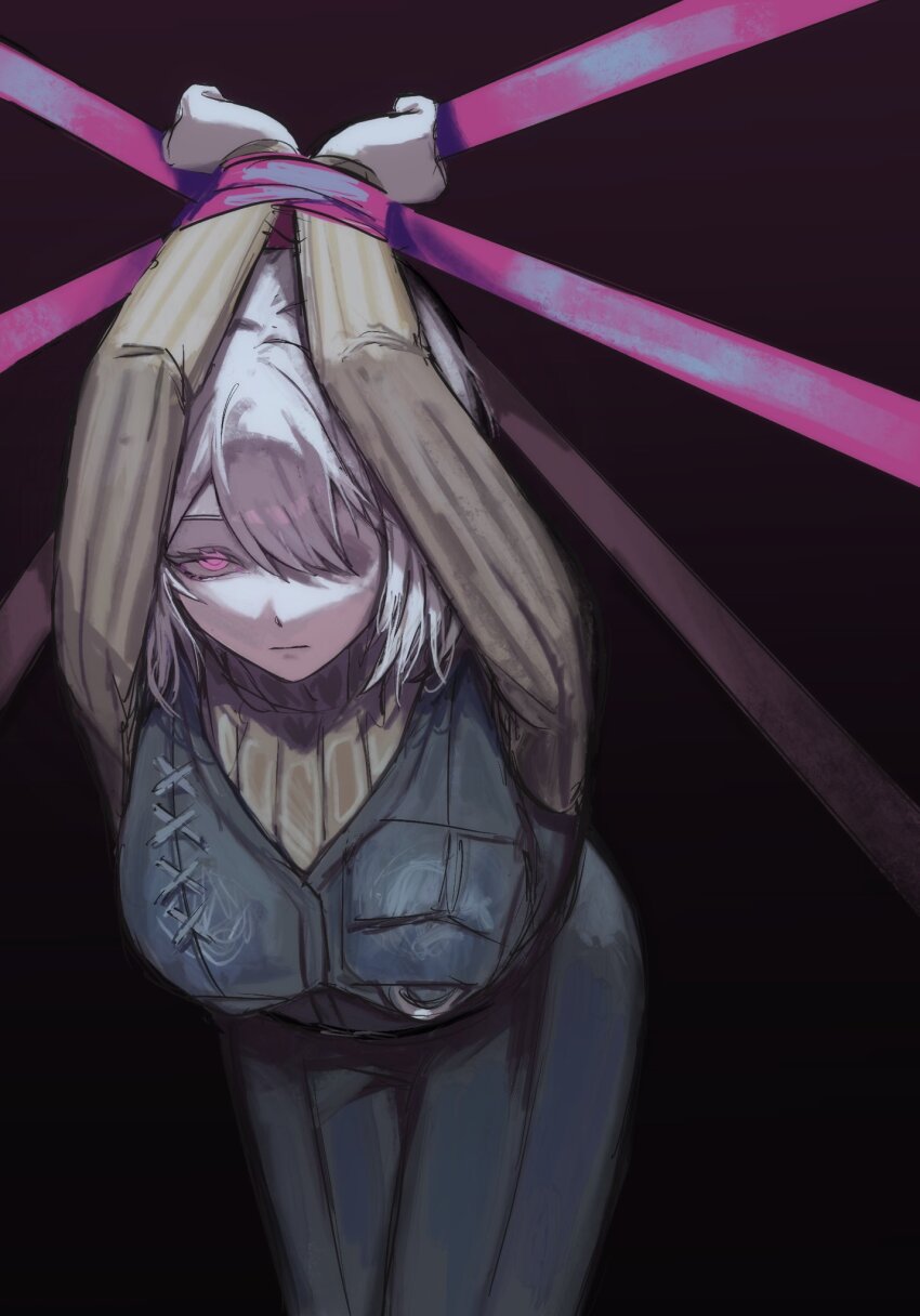 1girl, black_pants, black_vest, bound, brown_sweater, dark_background, e.g.o_(project_moon), faust_(project_moon), hair_between_eyes, highres, limbus_company, long_sleeves, looking_at_viewer, mei_mezu, pants, pink_eyes, pink_ribbon, pink_shoes_(project_moon), project_moon, restrained, ribbed_sweater, ribbon, roseate_desire_(e.g.o), short_hair, solo, standing, standing_restraints, sweater, tied_up_(nonsexual), turtleneck, turtleneck_sweater, upright_restraints, vest, white_hair