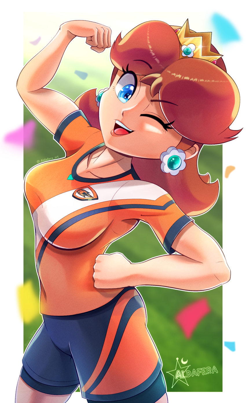 1girl, absurdres, aldafera_art, blue_eyes, breasts, brown_hair, crown, earrings, flexing, flower_earrings, hand_on_own_hip, highres, jewelry, looking_at_viewer, mario_(series), mario_strikers:_battle_league, mario_strikers_(series), medium_breasts, nintendo, one_eye_closed, princess_daisy, shorts, soccer, standing, thighs, wink
