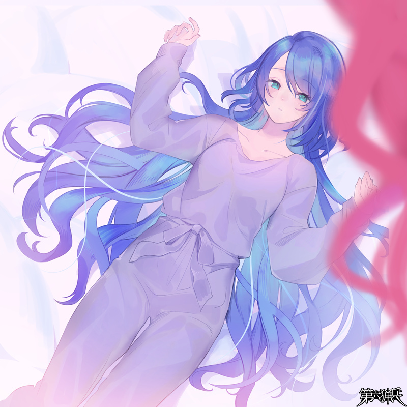 1girl, ame_tyaya, blue_eyes, blue_hair, blurry, blurry_foreground, copyright_name, dairoku_ryouhei, long_hair, long_sleeves, lying, none_emme, on_back, pajamas, solo, very_long_hair