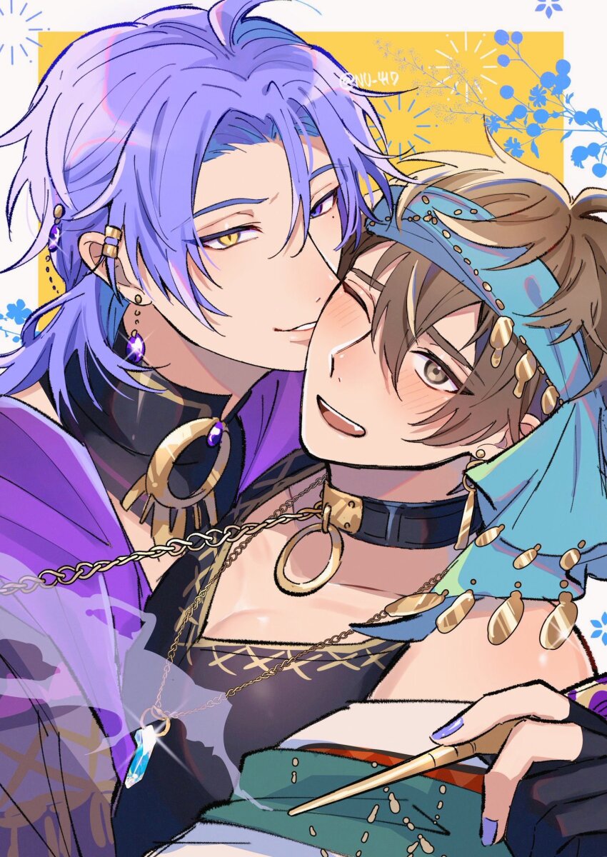 2boys, arabian_clothes, bishounen, black_choker, blush, brown_eyes, brown_hair, chain