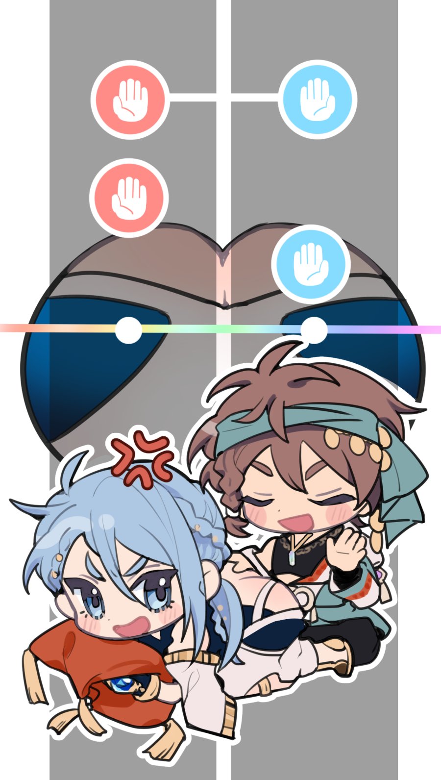 2boys, anger_vein, arabian_clothes, ass, bishounen, blue_eyes, blue_gem, blue_hair, blush, brown_hair, chibi, closed_eyes, detached_sleeves, edmond_(nu_carnival), eiden_(nu_carnival), eiden_(sunburst_fever)_(nu_carnival), gameplay_mechanics, gem, girly_boy, highres, kurumi7660hc, light_blue_hair, long_hair, long_sleeves, looking_at_another, looking_at_viewer, low_ponytail, male_focus, multiple_boys, nu_carnival, official_alternate_costume, open_mouth, parody, pillow, ponytail, short_hair, white_sleeves, yaoi