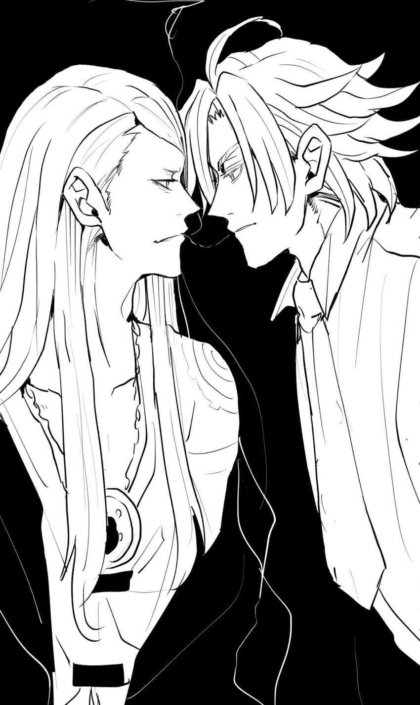 2boys, arm_tattoo, black_jacket, blonde_hair, daybit_sem_void, fate/grand_order, fate_(series), flapper_shirt