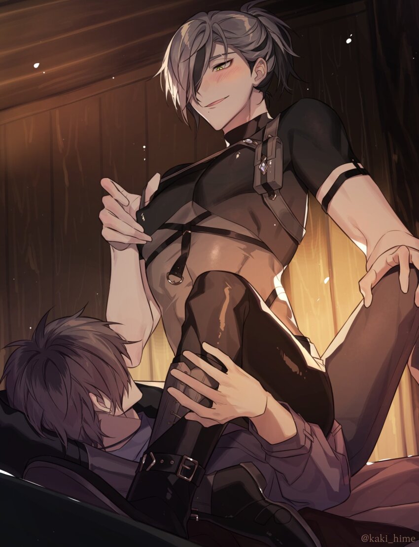 2boys, bishounen, blush, brown_hair, eiden_(nu_carnival), gem, highres, kaki_hime, long_hair, long_sleeves, looking_at_another, looking_at_viewer, male_focus, mole, mole_under_mouth, multicolored_hair, multiple_boys, nu_carnival, parted_lips, ponytail, rei_(nu_carnival), short_hair, short_ponytail, short_sleeves, sitting, sitting_on_person, smile, strap, streaked_hair, yaoi, yellow_eyes