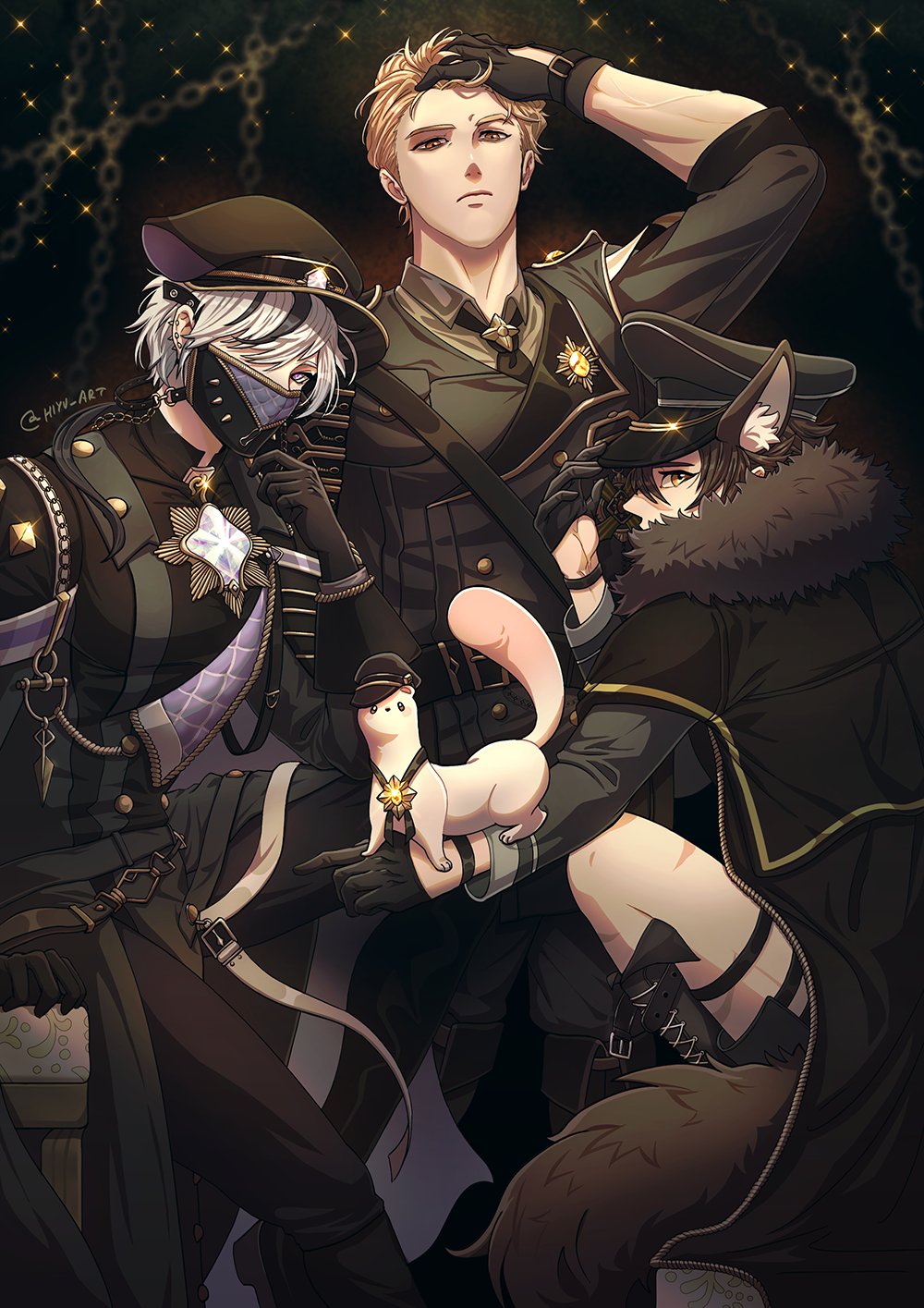 3boys, adjusting_clothes, adjusting_hair, adjusting_headwear, bags_under_eyes, bishounen, black_gloves, black_hair