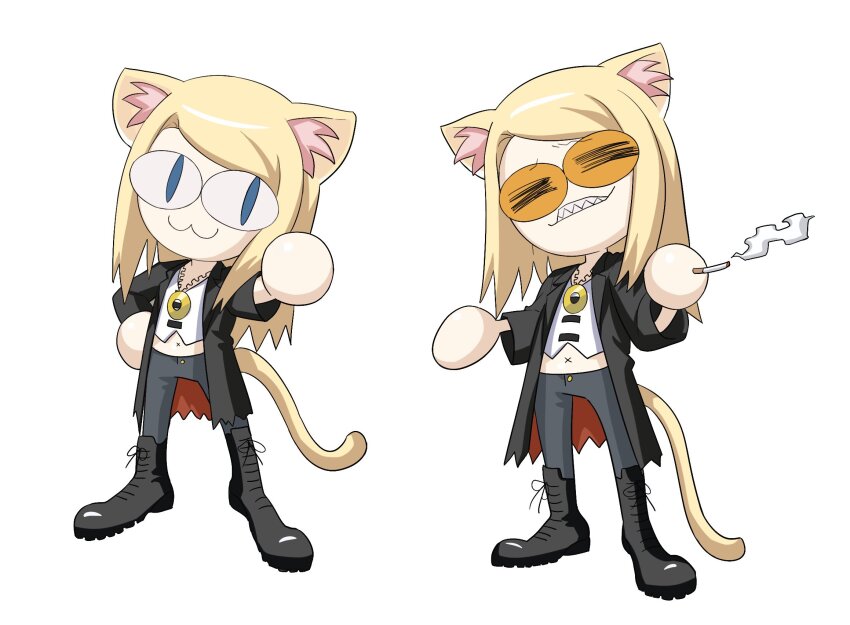 <|>_<|>, 1boy, animal_ears, black_jacket, blonde_hair, cat_ears, cat_tail, cigarette, fate/grand_order, fate_(series), flapper_shirt, full_body, highres, holding, holding_cigarette, jacket, jewelry, long_hair, looking_at_viewer, male_focus, medallion, midriff, midriff_peek, navel, necklace, neco-arc, open_clothes, open_jacket, orange-tinted_eyewear, shirt, simple_background, smile, smoke, solo, sunglasses, tail, tezcatlipoca_(fate), tezcatlipoca_(first_ascension)_(fate), tinted_eyewear, washblackmud, white_background, white_shirt