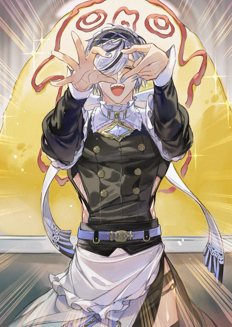 1boy, apron, bishounen, black_dress, black_hair, blade_(lovable_enforcer)_(nu_carnival), blade_(nu_carnival), crossdressing