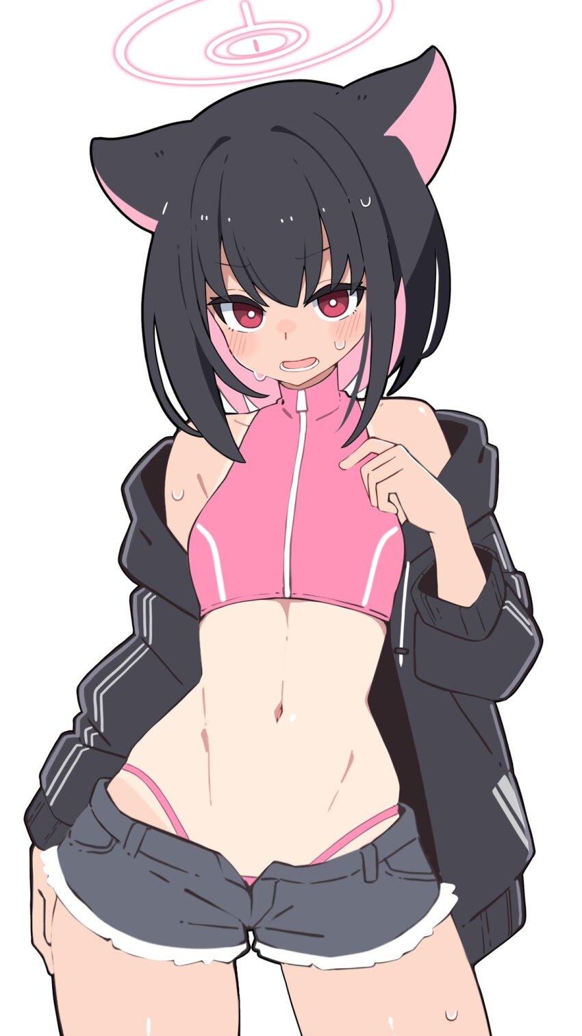 1girl, alternate_costume, animal_ears, bikini, black_hair, black_jacket, blue_archive, blush