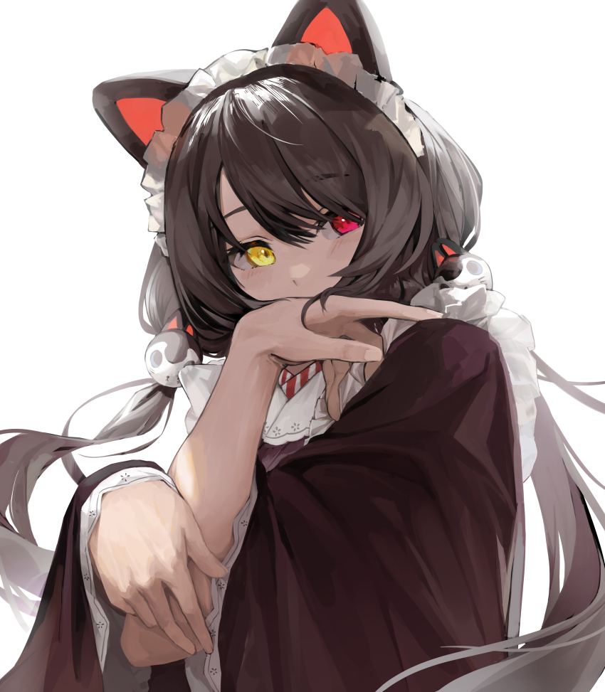 1girl, absurdres, animal_ears, apron, ascot, black_hair, blush, brown_kimono