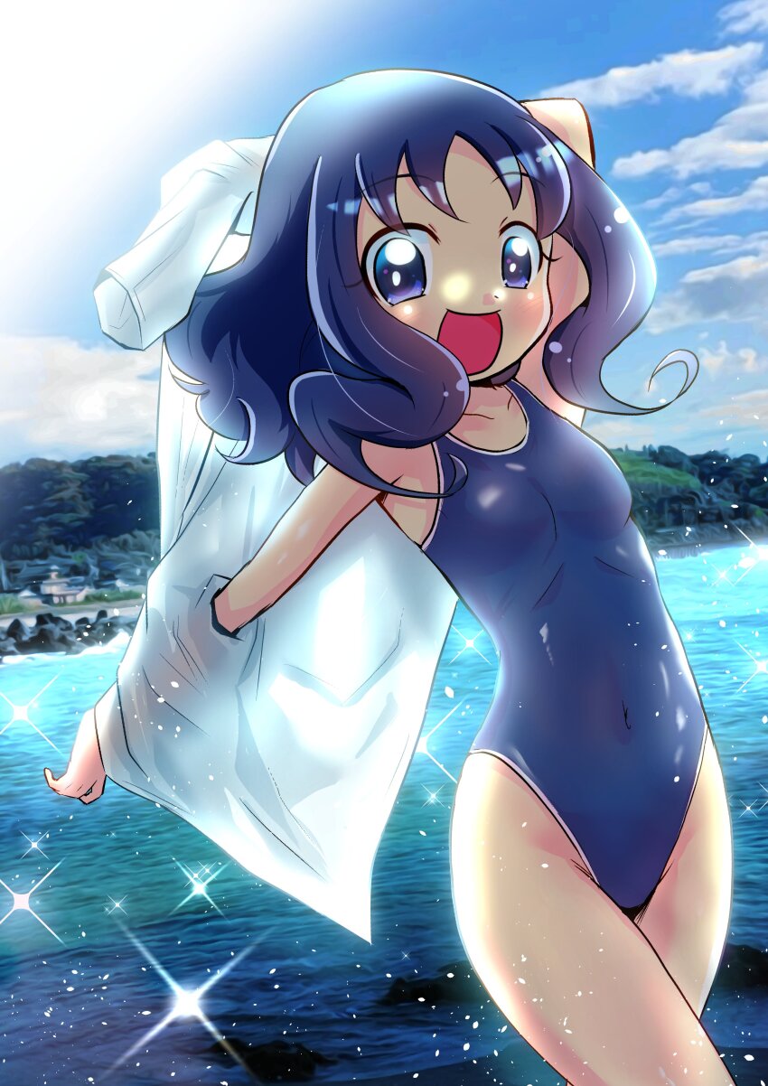 1girl, absurdres, alternate_costume, blue_eyes, blue_hair, blue_one-piece_swimsuit, blue_sky, breasts