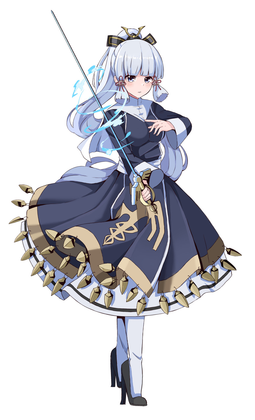 1girl, absurdres, alternate_costume, aruvian13, ayaka_(genshin_impact), blue_hair, cosplay, erica_mendez, full_body, genshin_impact, hayami_saori, highres, looking_at_viewer, orie_ballardiae_harada, orie_bellardiae_(cosplay), ponytail, power_connection, sword, trait_connection, under_night_in-birth, voice_actor_connection, weapon