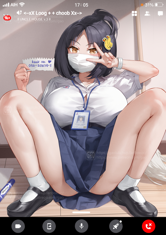 battery_indicator, black_footwear, black_hair, blue_skirt, breasts, brown_eyes, button_gap, collared_shirt, commentary_request, fake_phone_screenshot, fake_screenshot, fingernails, floor, gao_(gaolukchup), high_ponytail, holding, id_card, lanyard, large_breasts, loogchoob_(gaolukchup), looking_at_viewer, marker, mask, mop, mouth_mask, note, on_floor, original, parted_bangs, pleated_skirt, ponytail, rubber_duck_hair_ornament, school_uniform, shirt, shoes, short_hair, short_sleeves, signal_bar, sitting, skirt, socks, spread_legs, surgical_mask, thai_school_uniform, thighs, upskirt, v, video_call, watch, white_shirt, white_socks, wi-fi_symbol